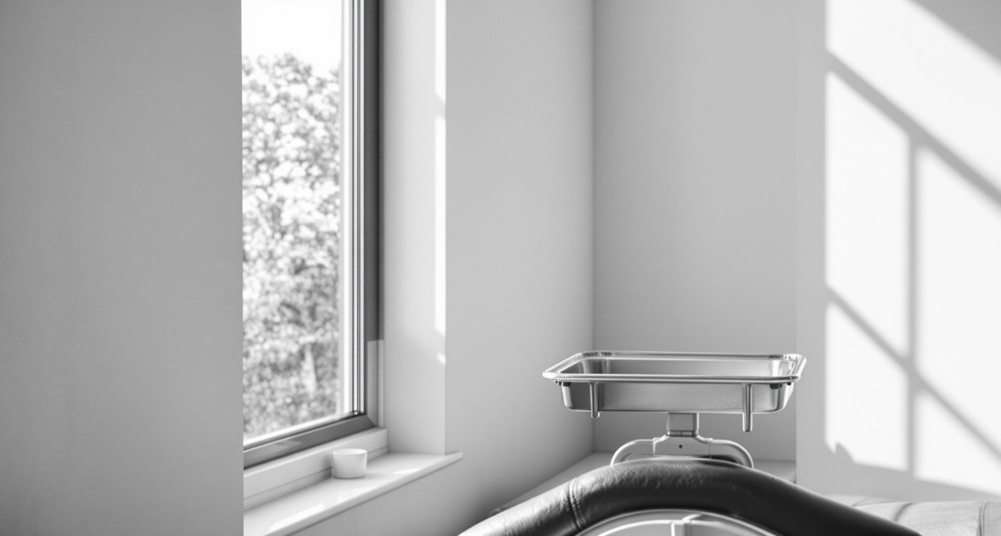 Empty dental surgery with natural light from a high window falling on a tray of
        instruments and the arm of a treatment chair.