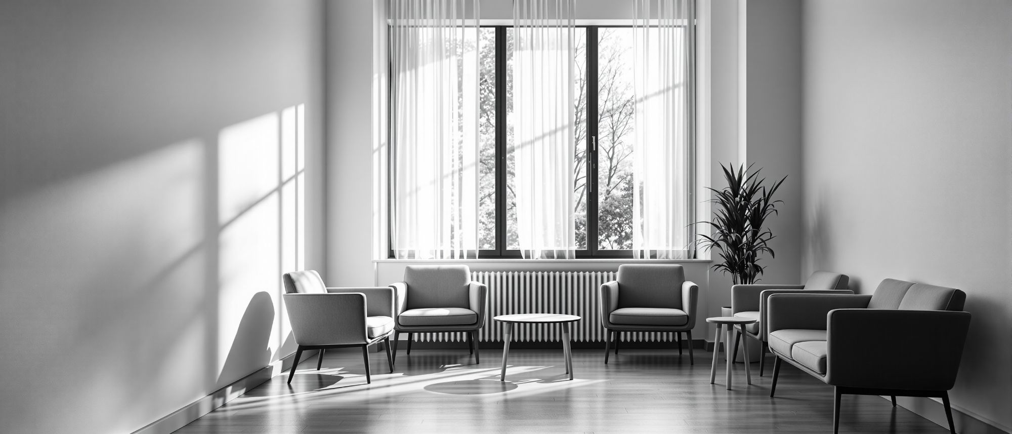 Empty private clinic waiting room first thing, natural light from a high window
        falling on a row of chairs.